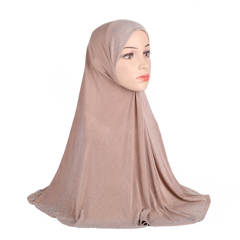 

Casual Muslim Women's Girls Hijabs Large Crystal Mesh Crochet Headscarf with Rhinestones and Sequins Full Star Design For Pray