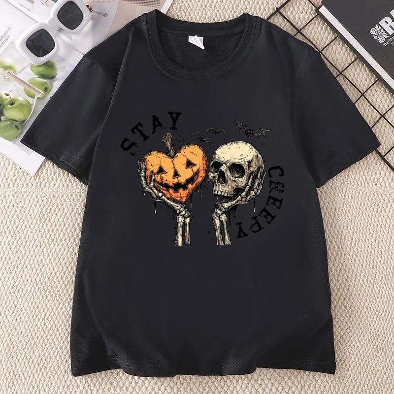 Creepy Womens Halloween Tshirt Casual Cotton Short Sleeve Cute Skeleton Hands T Shirt Funny Halloween Skull Tee Spooky Season