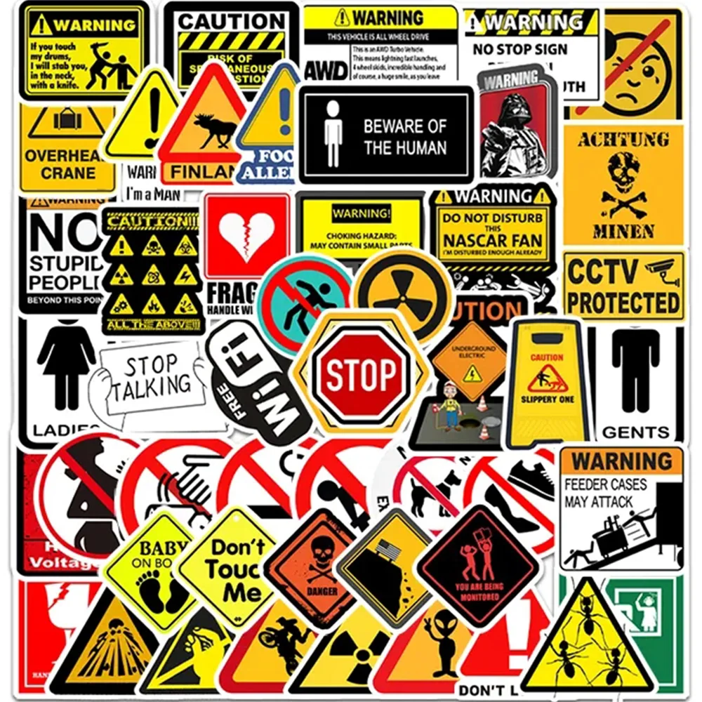 

10/30/50pcs Danger Warning Reminder Stickers Waterproof Banning Signs Sticker Motorcycle Skateboard Car Helmet Graffiti Decals