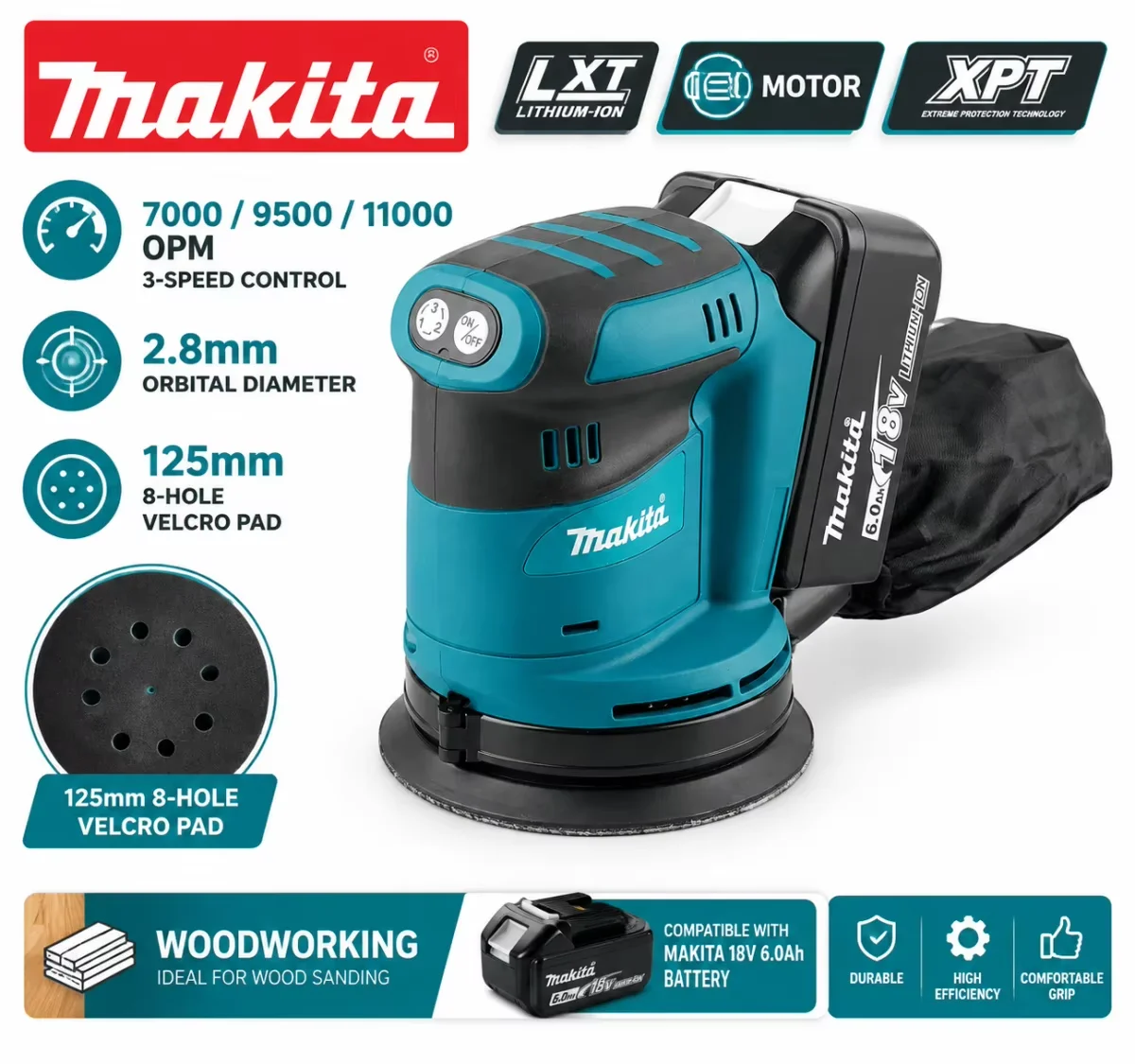Makita Woodworking Sanding Putty Polishing Bare Tool 18V Brushless Disc DBO180Z Rechargeable Random Orbital Sander
