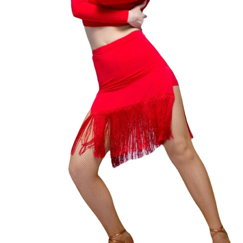 Red Latin Dance Skirt Sexy Slit Fringe Dress Salsa Tango Rumba Ballroom Dancing Clothes Standard Competition Pratice Costumes