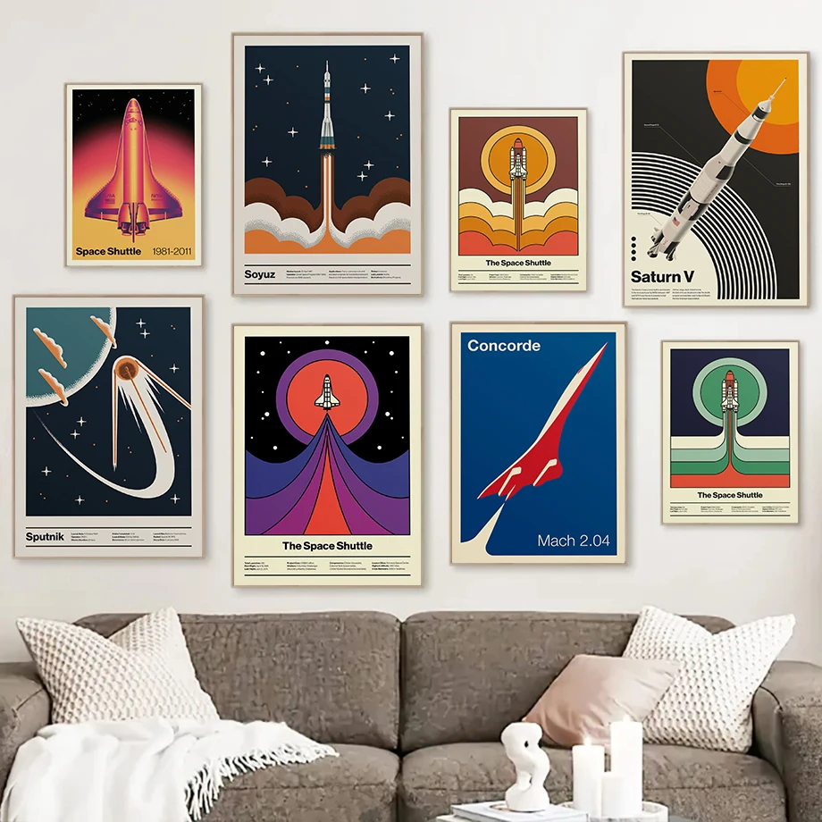 Retro Abstrakte Raumfähre Sputnik Minimalistische Poster und Drucke Leinwanddruck Wandkunst Bild für Wohnzimmer Heimdekoration