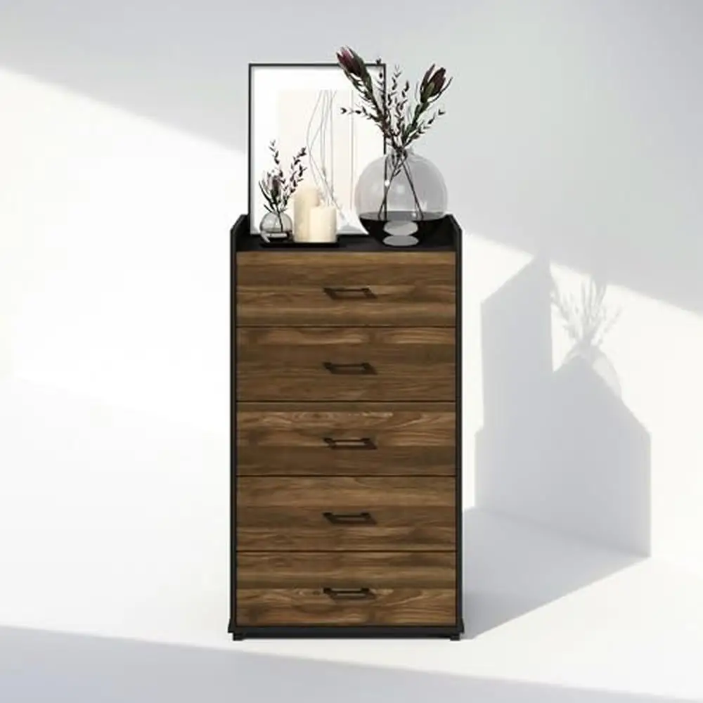 5-Drawer Simple Chest Columbia Walnut/Black Bedroom Storage Organizer PEFC-Certified Engineered Wood 15.43"D x 24.72"W x 43.03"H