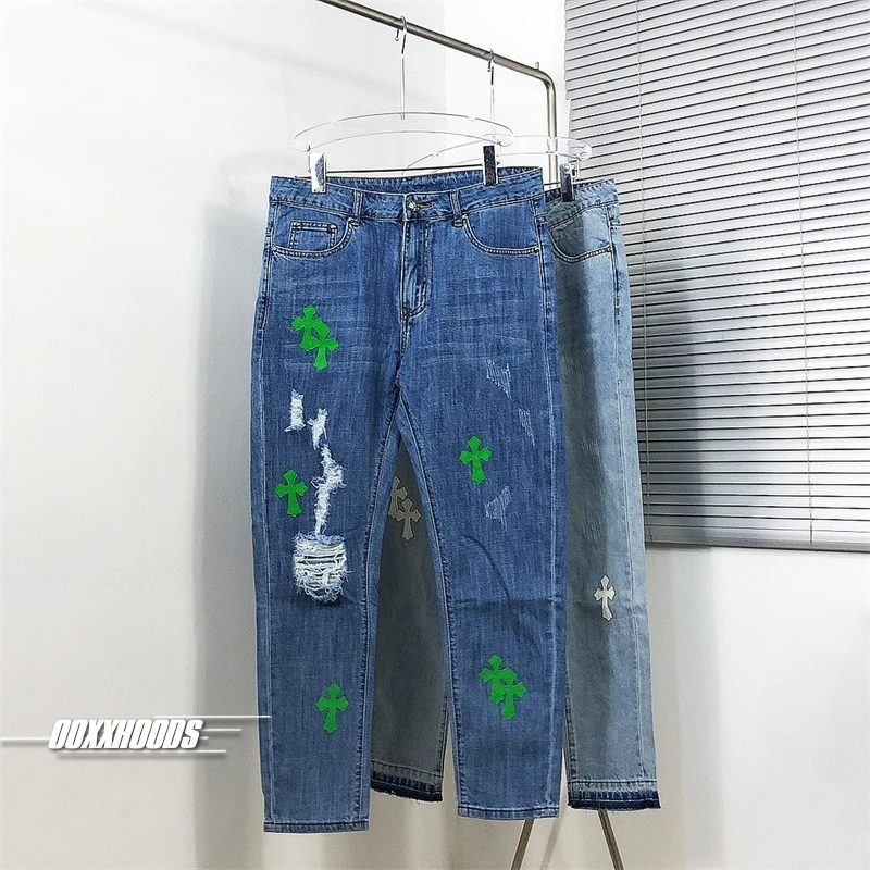 

Мужские повседневные брюки прямого кроя с кожаными нашивками и эффектом потертости, средней посадки, в уличном стиле