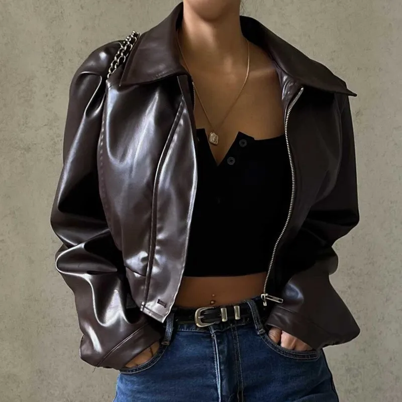 Zipper Turn Down Collar Coat Slim Fit Regular Length Biker Style Women Jacket with Edgy Street Autumn Patchwork Long Sleeves