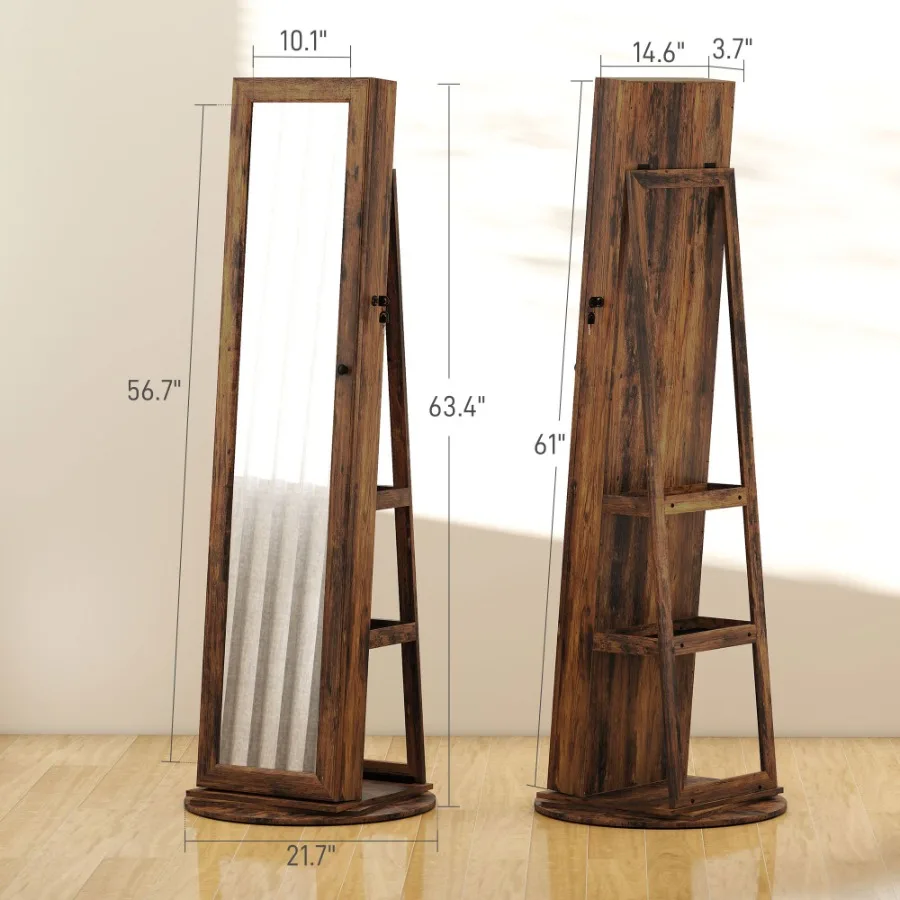 HOMCOM 360 خزانة مجوهرات دوارة قابلة للقفل مع أرفف تخزين مرآة كاملة الطول بني ريفي #3