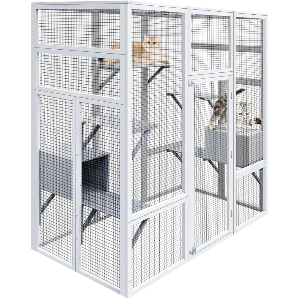 

72 Inch Wooden Catio Outdoor Cat Enclosure W/ 2 Napping Houses, Luxury Kitty-House with 7 Jumping Platforms