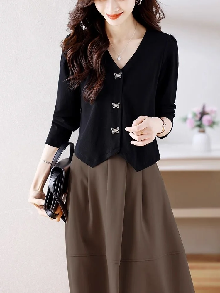 

Новый простой свободный стиль во французском стиле с пряжкой-бабочкой и длинными рукавами для покрытия телеса, чтобы сделать вас выглядеть тонким, элегантным