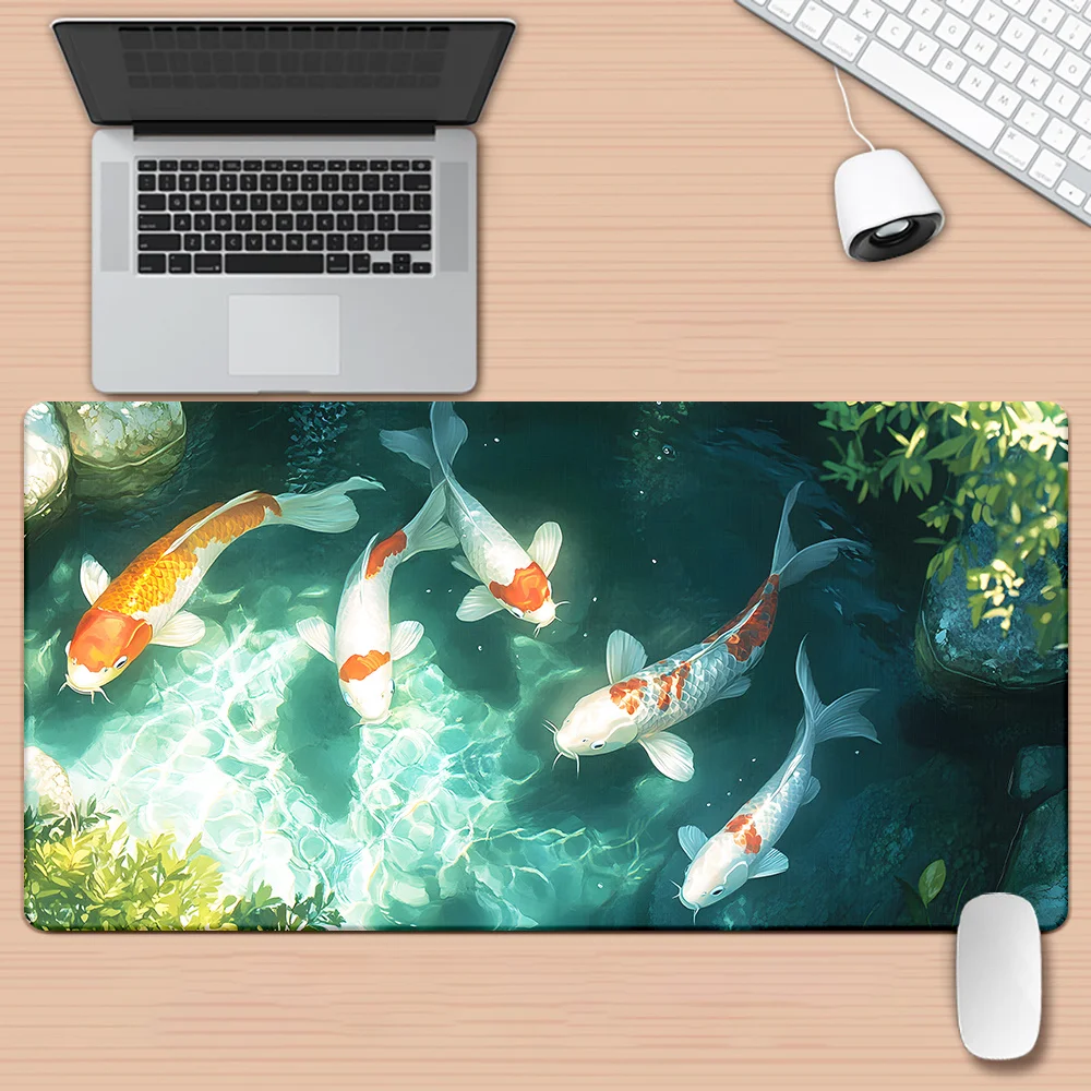 Koi Fish Pond Gaming Desk Mat Extra Large Non-Slip Rubber Base Workspace Pad for PC