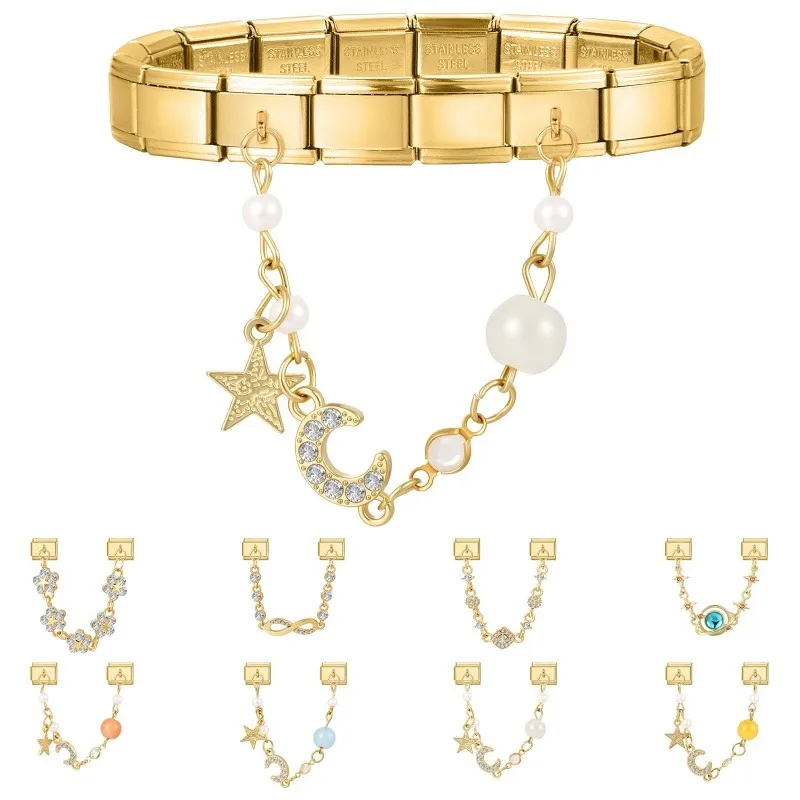 Retro Pearl Stars Moon Shiny Zircon Gold Color Chain Tassel Italian Charm Link Fit 9MM Stainless Steel Bracelet Women DIY Making