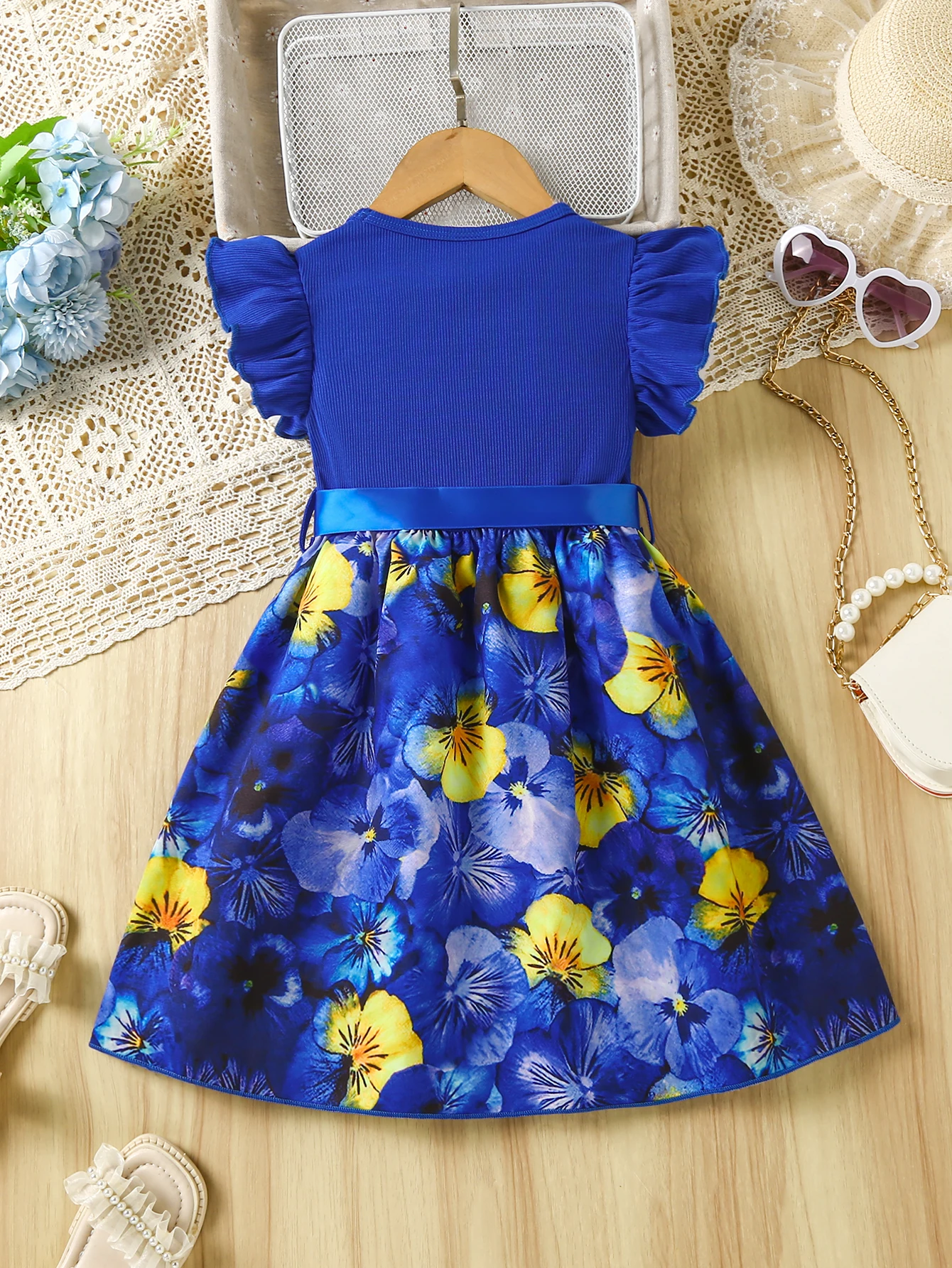 Summer Fashion Dresses for 2-7Years Child Girl Ruffle Sleeves Floral Dress with Bow Party Photography Costumes Princess Dress
