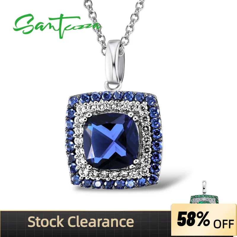 SANTUZZA Genuine 925 Sterling Silver Pendant For Women Square Shiny Green Agate Spinel Blue Cubic Zirconia Party Fine Jewelry