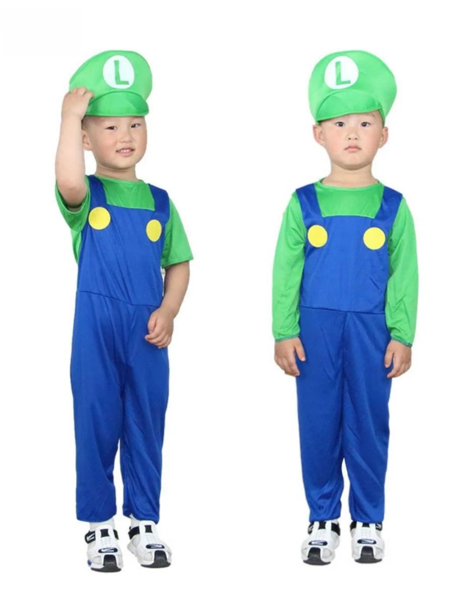 Fsia Infantil de loween Cosplay  Verde e Luigi para Meninos e Meninas - Roupa de Performance Seis em Um