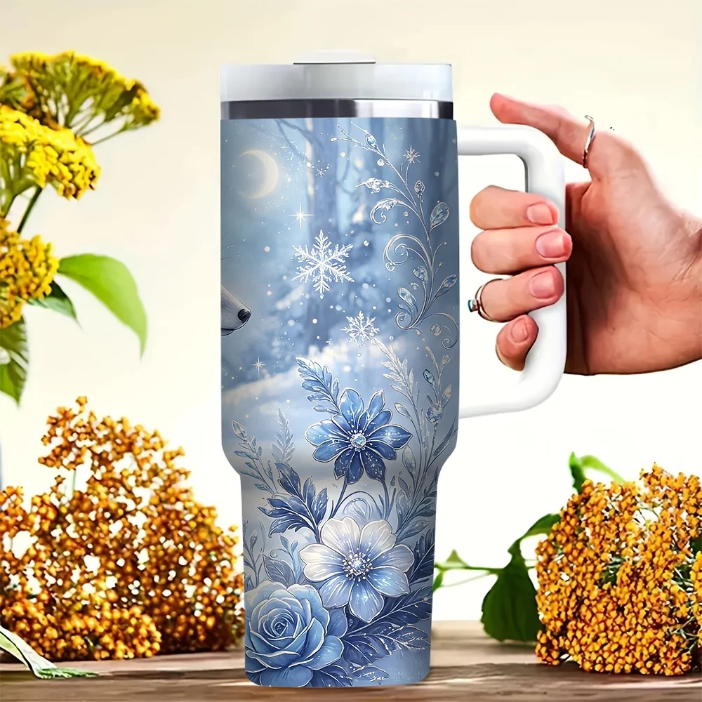 40oz Tumbler with Handle, Winter Snow Blue Fox Floral Printed Cup, Suitable for Everyone, Perfect for Daily Use And Outdoor Activities, Fits Both Hot And Cold Drinks