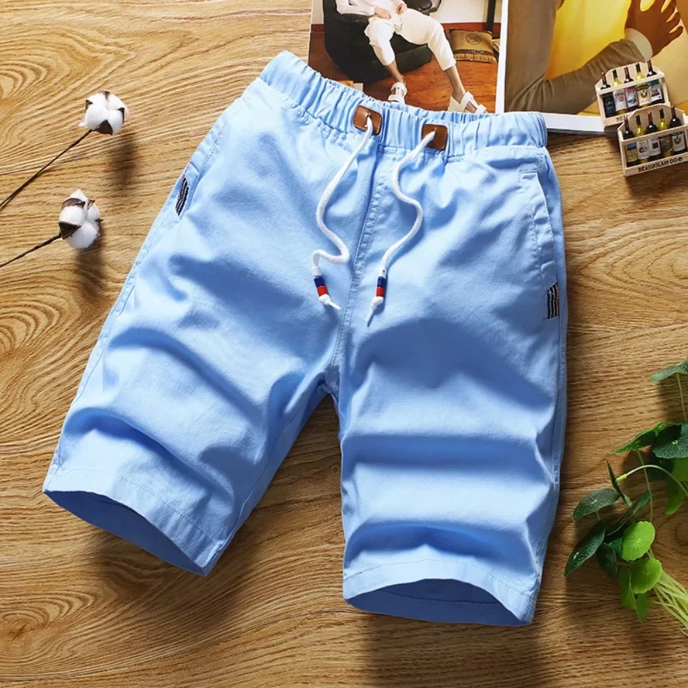 Shorts brancos masculinos verão algodão na altura do joelho bermudas moda coreana