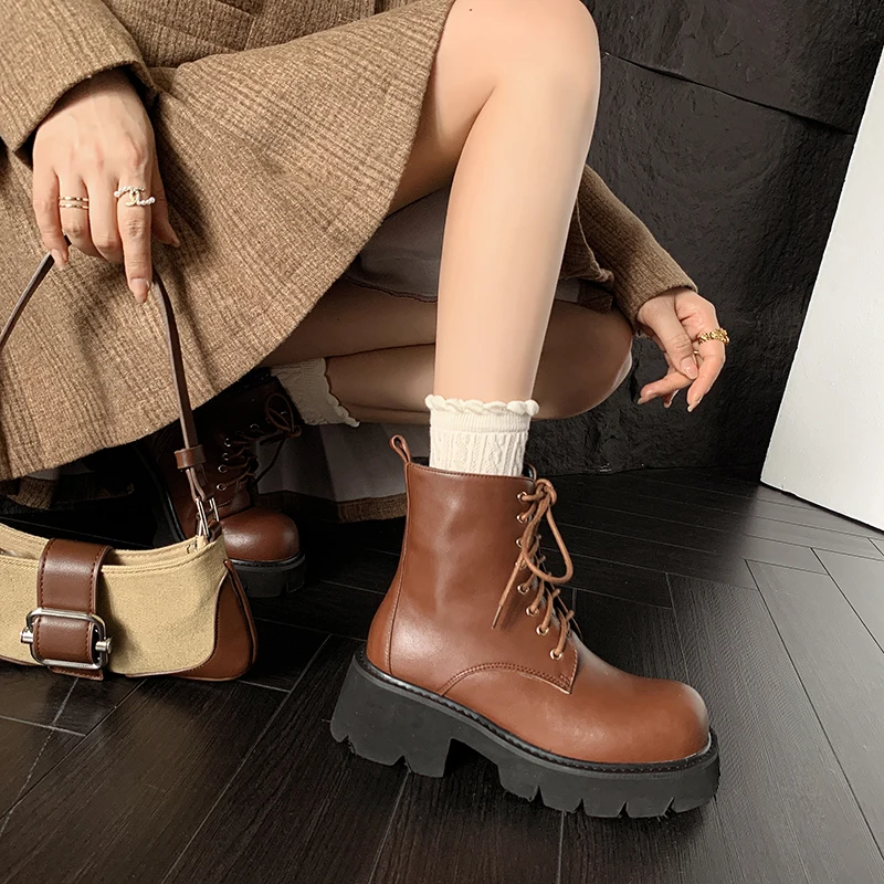 JOZHAMTA Size 34-42 Women Ankle Boots Real Leather Thick High Heels Winter Shoes Fall 2025 Platform Lace-Up Casual Short Booties