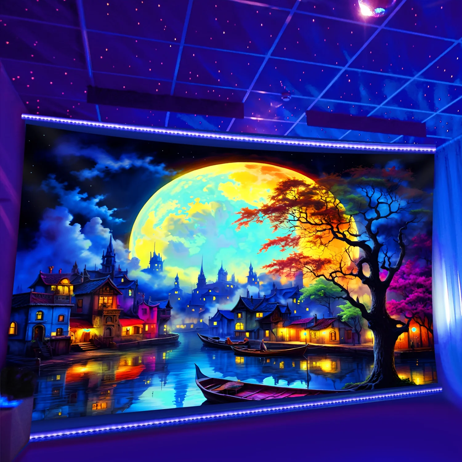 VIKAMA Dreamy Moonlight Wandteppich: Ein lebendiger Vollmond-Wasserfront-Stadt, Schlafzimmer und Wohnzimmer, dekorative Kunst, Wandbehang