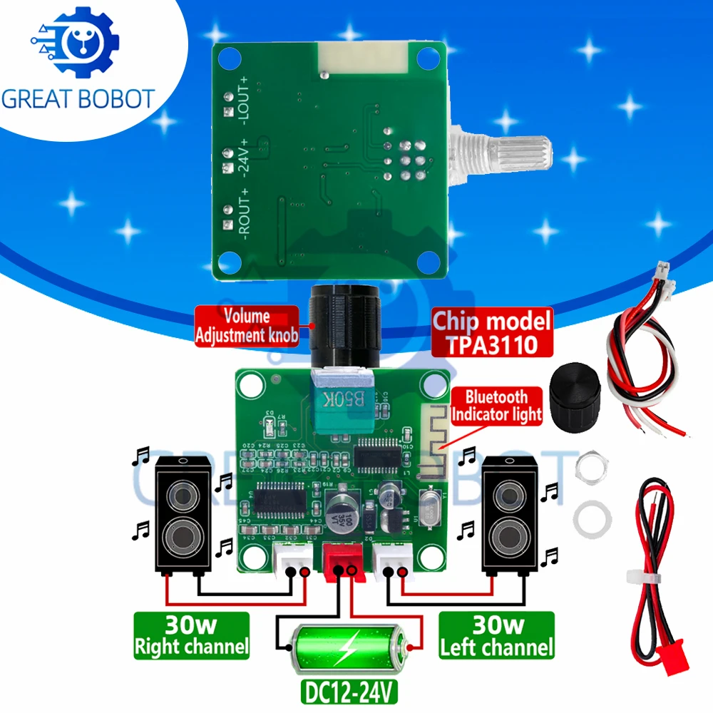 1‑5Pcs XH‑A236 DC12‑24V Bluetooth 5.0 Digital Amplifier Board, 30W+30W TPA3110D2 50K Dual Potentiometer