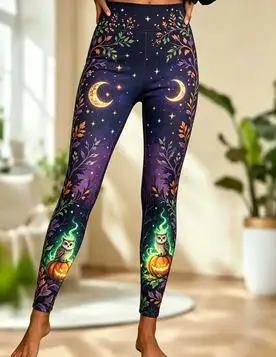 Women Mid‑Rise Fleece Lined Leggings Halloween Witch Moon Star Celestial Print Slim Stretch Thermal Pants