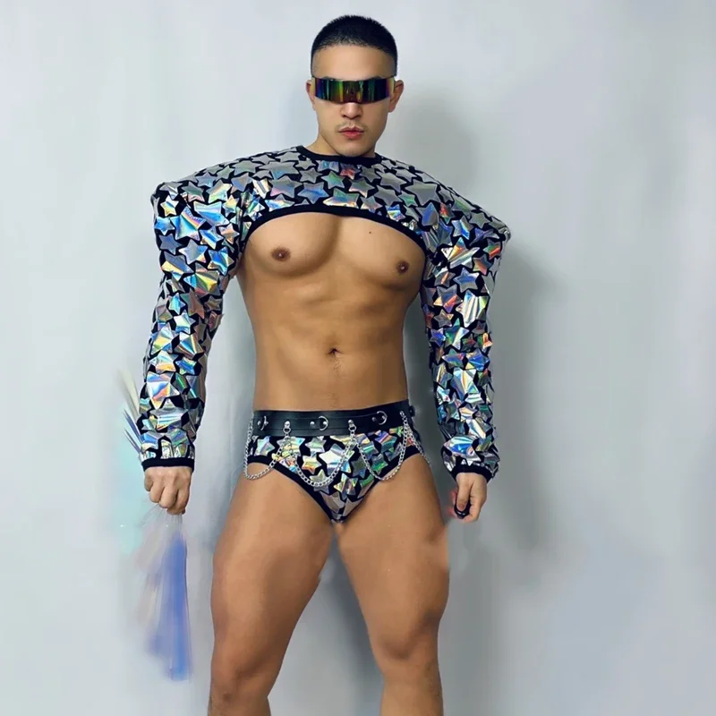 メンズミラーゴゴコスチューム、フライショルダー、スタースパンコールトップ、ブリーフ、バーナイトクラブ、DJ、DSステージ、ポールダンスウェア、レイブ衣装、XS3655