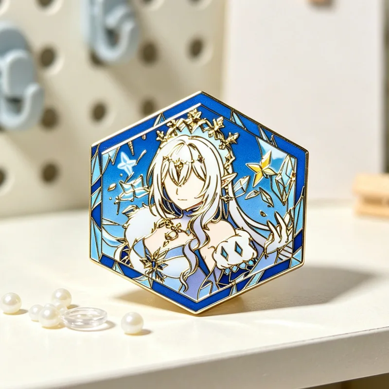 Ice queen anna six-sided badge - fan-made original 2d metal etched pin - bag accessory