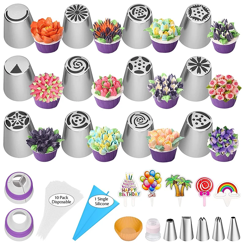 Juego de 56 piezas de puntas para tuberías rusas, 12 boquillas para glaseado de flores, puntas para glaseado para decoración de pasteles, Kit de puntas, suministros para hornear para magdalenas