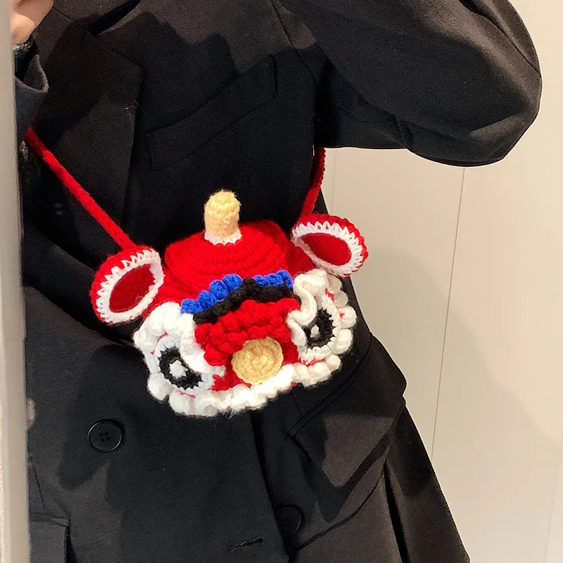 New Chinese Style Lion Dance Knitted Bag Crochet Coin Purse Cute Doll Crossbody Handmade Handbag Cartoon Woven Purse Women Girls