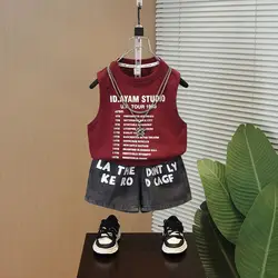 Korean Summer Children Boy girl Red Letter Sleeveless thin T-shirt grey Jeans Shorts Boy Classic Shorts School Boy Casual Shorts