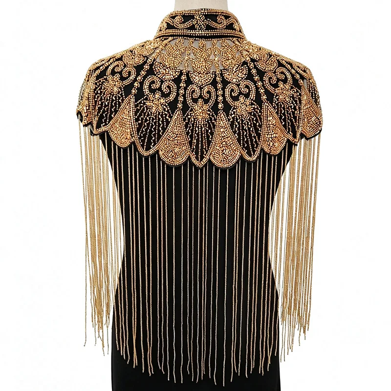 Women Hand Beaded Fringe Cape Shawl Stand Collar Sequined Rhinestone Shoulder Cover for Formal Banquet Cocktail Party