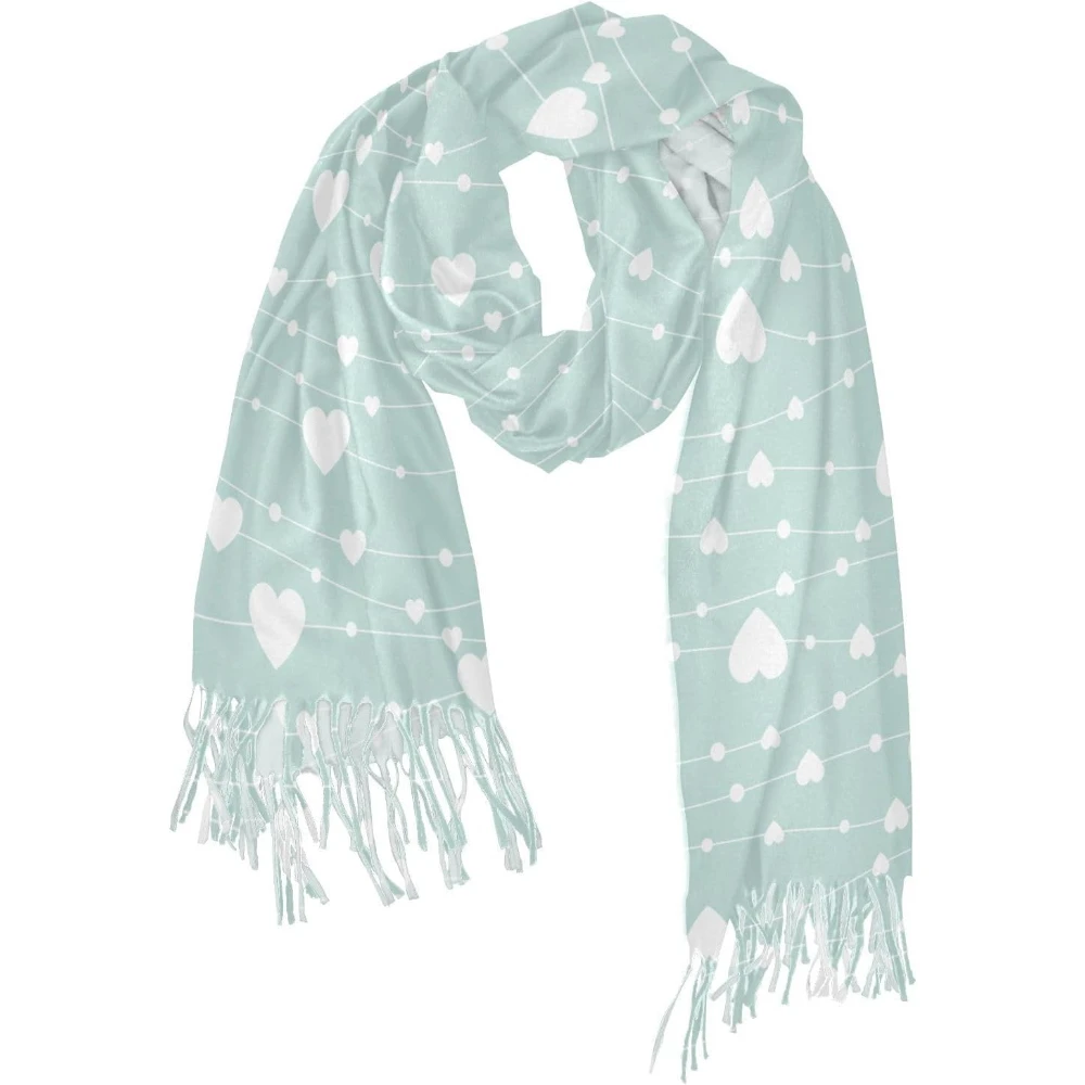 

Светло-голубые кашемировые шарфы для женщин, теплые зимние шарфы для холодной погоды с кисточками, бесшовные белые сердечки в горошек, подарок на Рождество