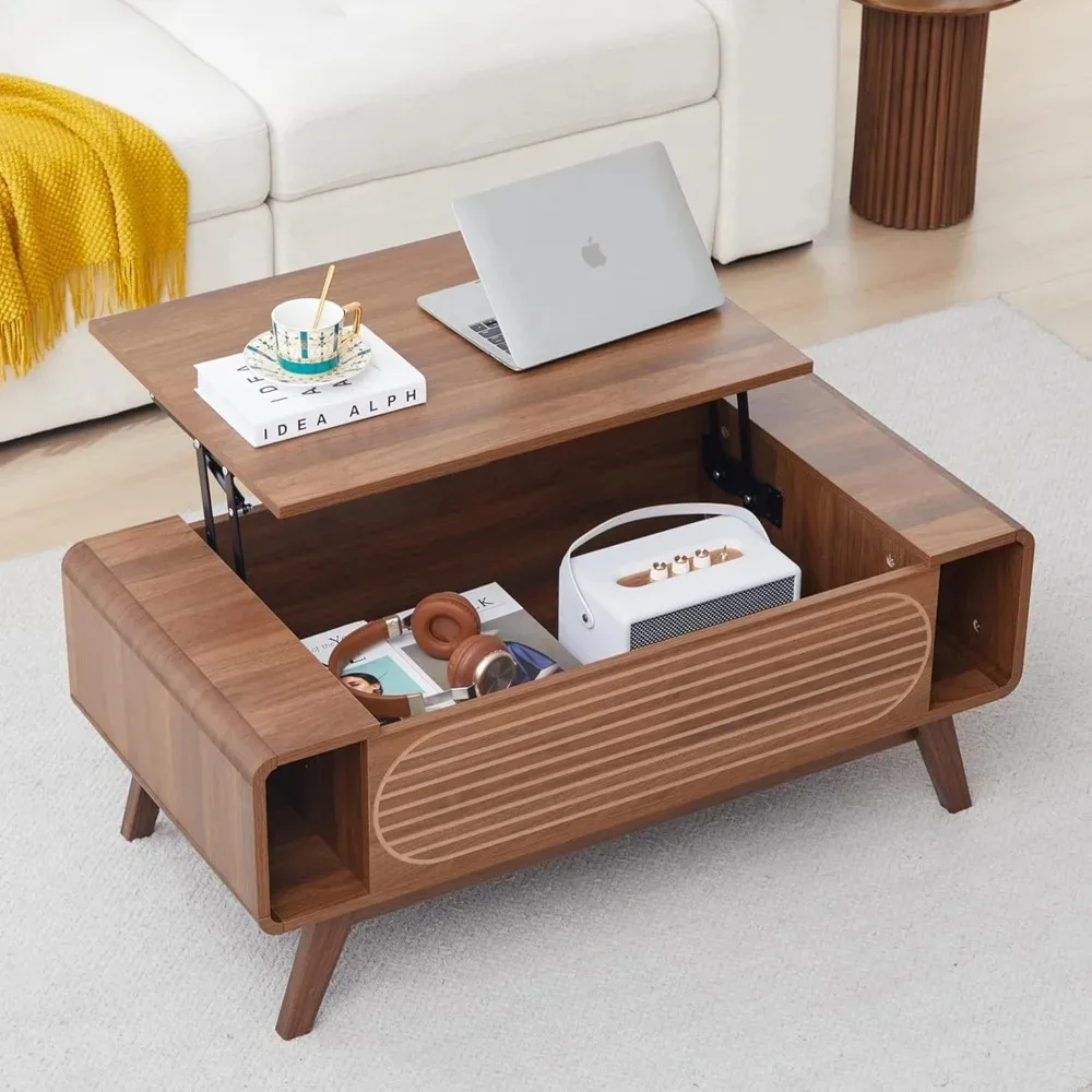 Small Lift Top Coffee Table with Hidden Compartment, Mid Century Modern Curved Coffee Table with Storage Shelf, Wooden Rectangle