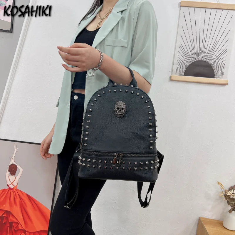 2024 All Match Soft Leather Rivet Skull Backpack Women Casual Punk Streetwear Schoolbags Y2k Aesthetic Trendy Vintage Backpacks