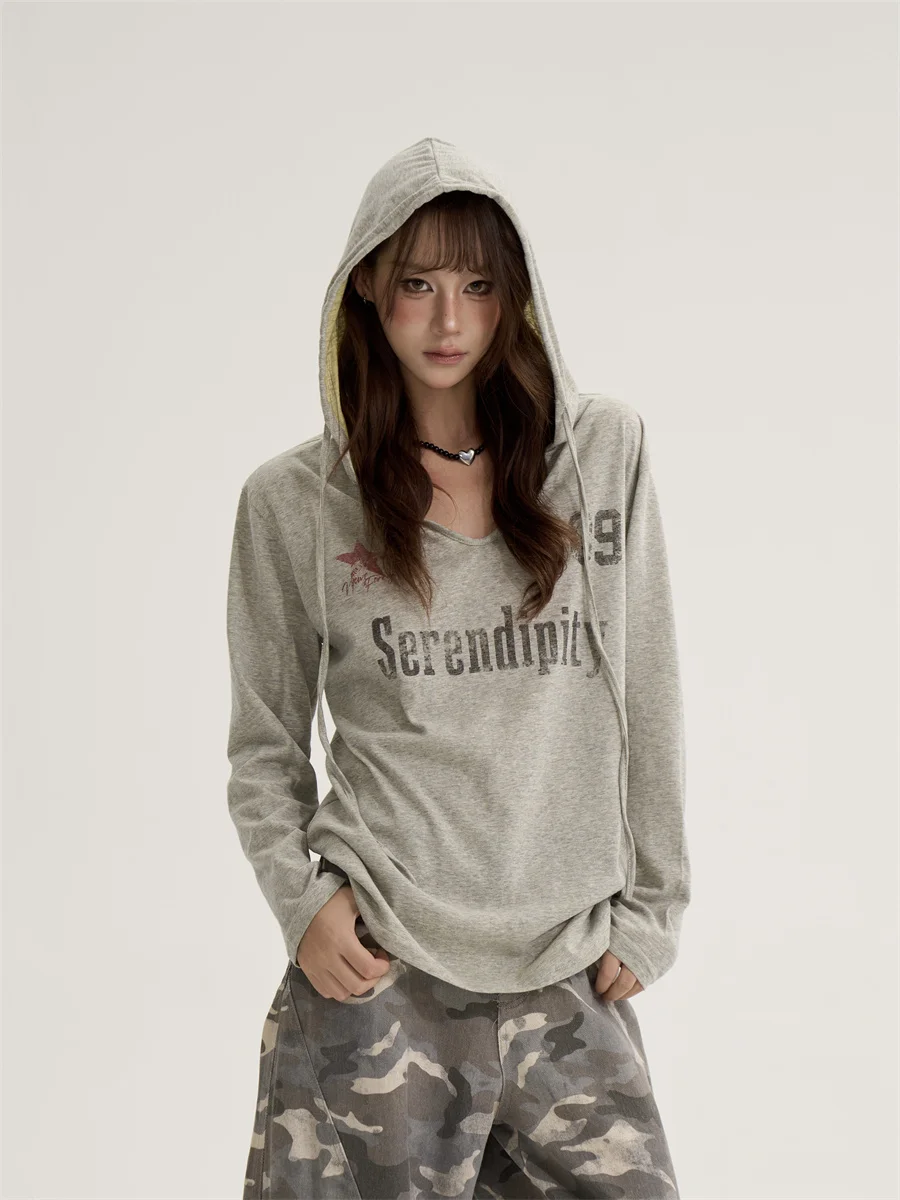 

Американский ретро-горячий топ для девочек с буквенным принтом V-Ne Long Sve, женский свободный спортивный топ ранней осени с капюшоном и защитой от солнца irt Cover up