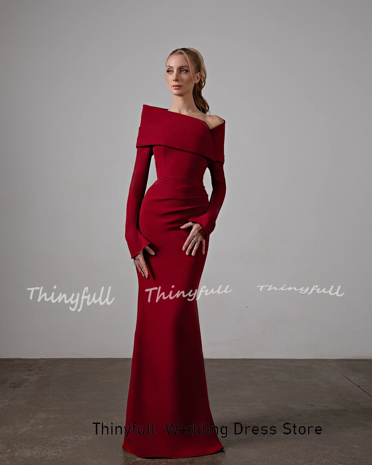 Thinyfull Mermaid Arabia Prom Dresses Off Shoulder Long Sleeves Evening Gown Satin Formal Dress Robe De Soirée Customized image 2