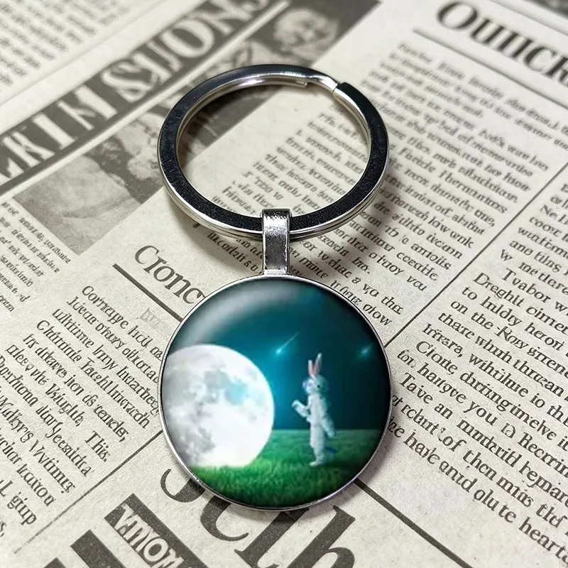 Cute Glasses Astronaut Rabbit Glass Keychain, Adorable White Bunny Spacesuit Starry Night Print Round Cabochon Key Ring Charm