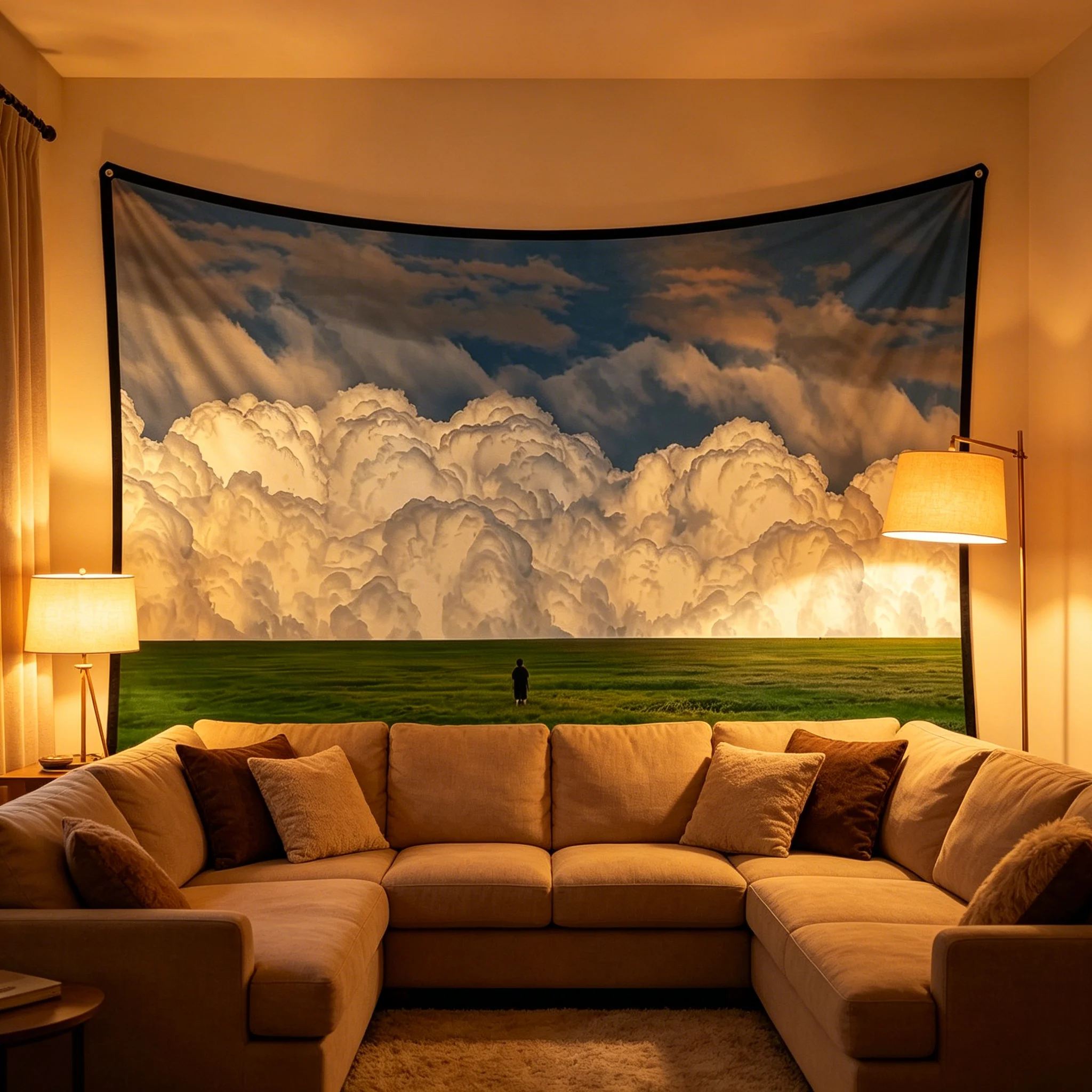 Serene Nature Landscape Tapestry Green Meadow Cloudy Sky Wall Hanging for Bedroom Living Room Decor