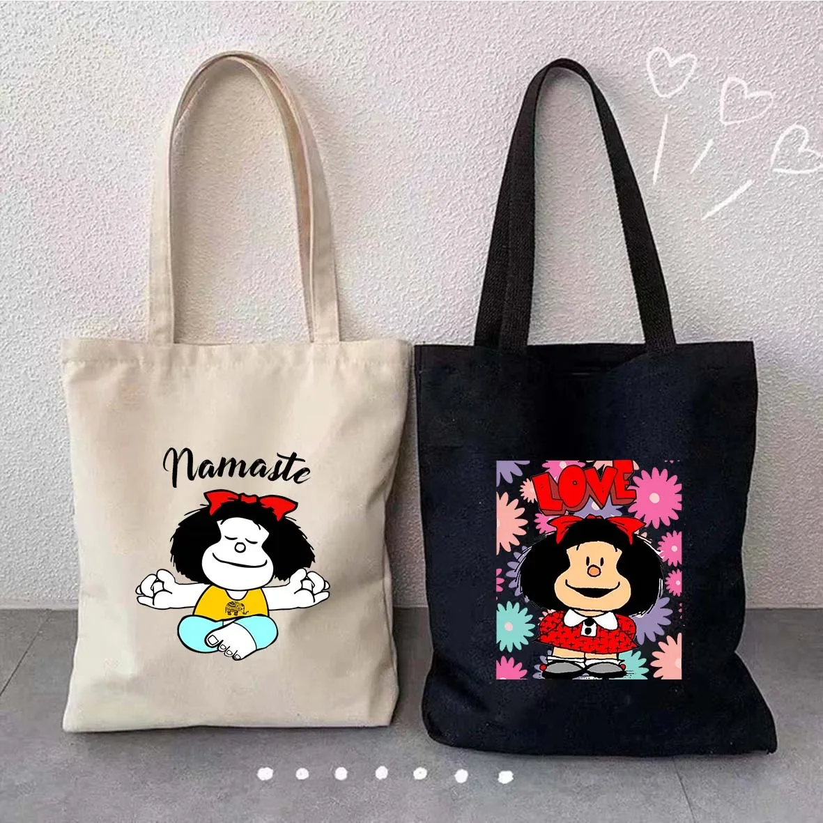 Kawaii Mafalda Shopping Bag Cute Anime Manga Girl Harajuku Flower Canvas Tote Bag Large Capacity Shopper Casual Shoulder Handbag