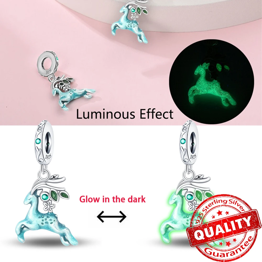 Sparkling 925 Sterling Silver Glow-in-the-dark Elk & Elf Lantern Dangle Charm Fits Brand Bracelet Girl Christmas Jewelry Gift