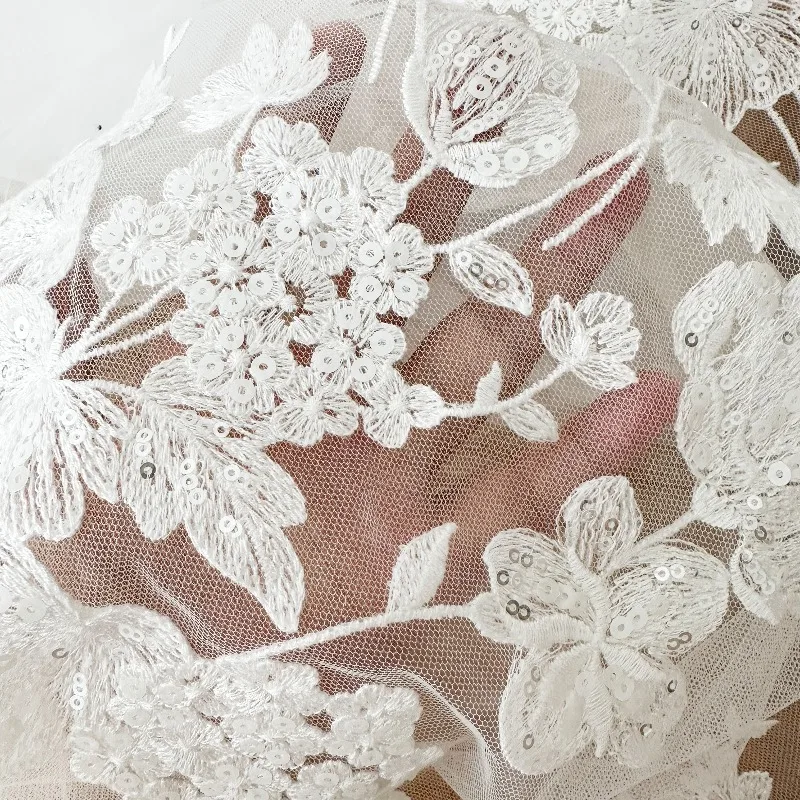 Custom Ivory White Sequin Cotton Lace Fabric Net Tulle for Wedding Veil Dress DIY Sewing Accessories