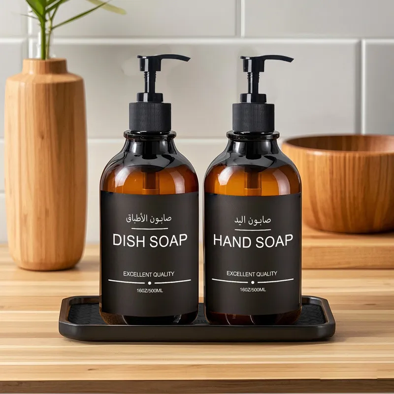 Kitchen Hand Soap and Dish Dispenser 500ml Bathroom with Label/Holder Refillable Lotion Bottle Shampoo and Conditioner Dispenser