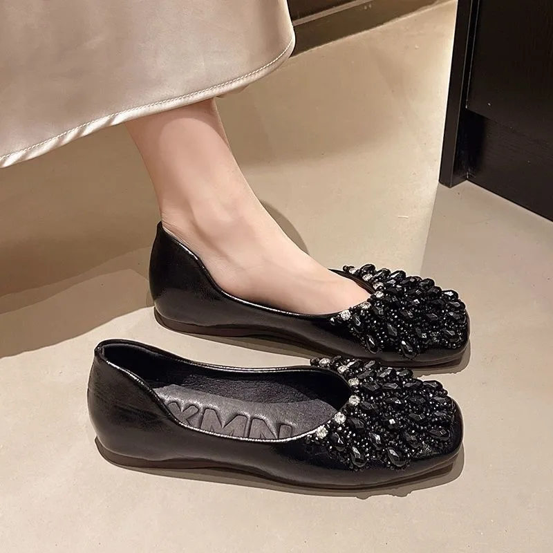 

Full Rhinestone Women Square Toe Flat Pumps Soft Sole Low Cut French Fairy Shoes 2026 New Spring Summer