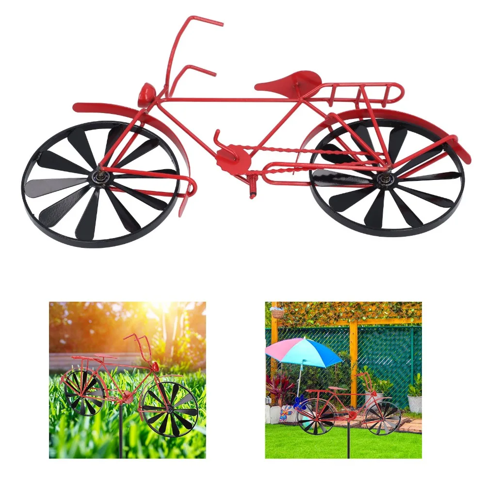 3pcs Iron Wind Spinner Decoration Vintage Red Bicycle Wind Spinner Windmill Structure Garden Stake Wind Sculpture Ornament