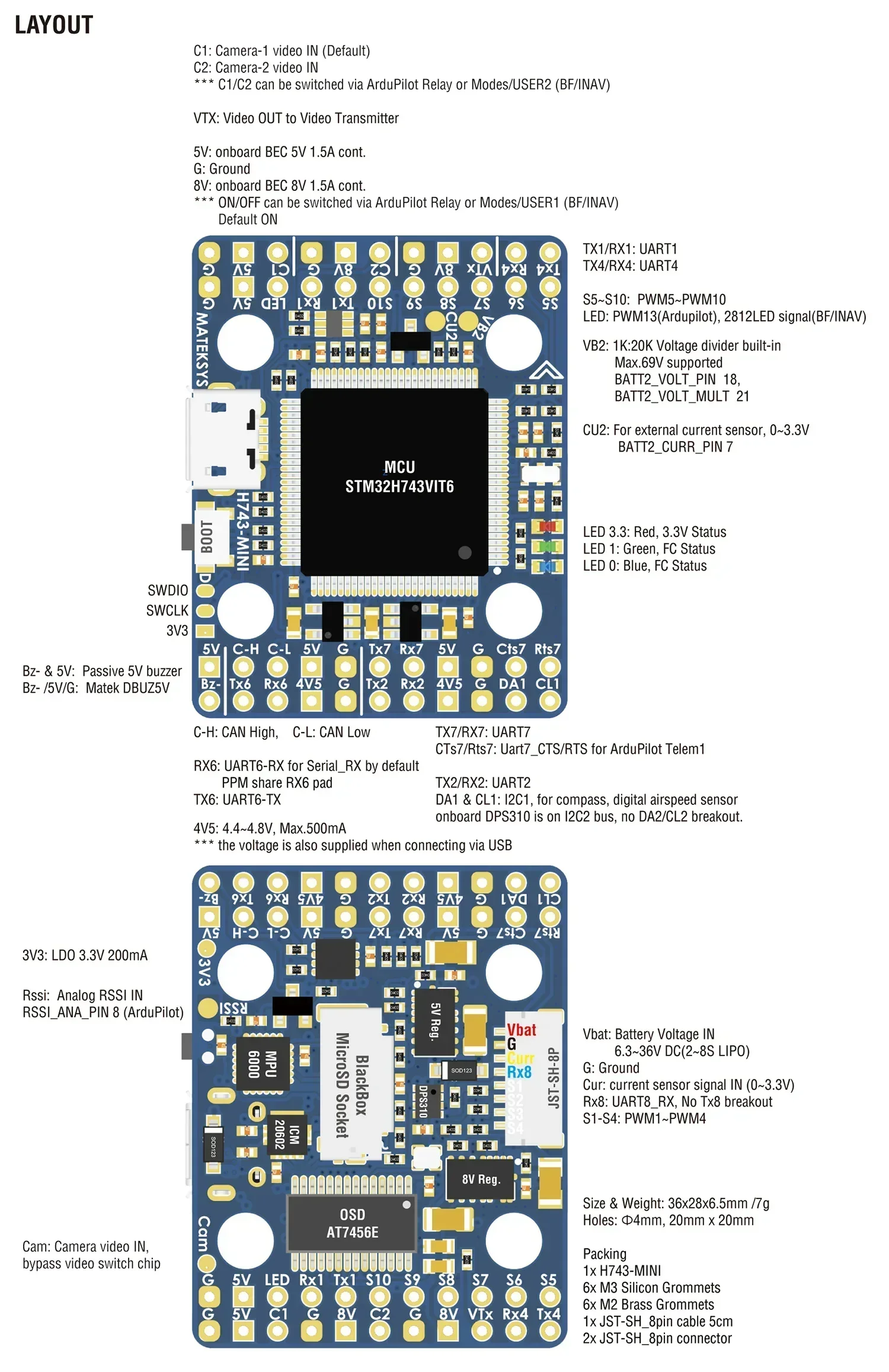 Matek H743-MINI V3 FC H743 20x20mm vluchtcontroller met ICM42688P ICM42605 Ingebouwde OSD 11ch 2-8S Lipo voor RC FPV Racing Drone