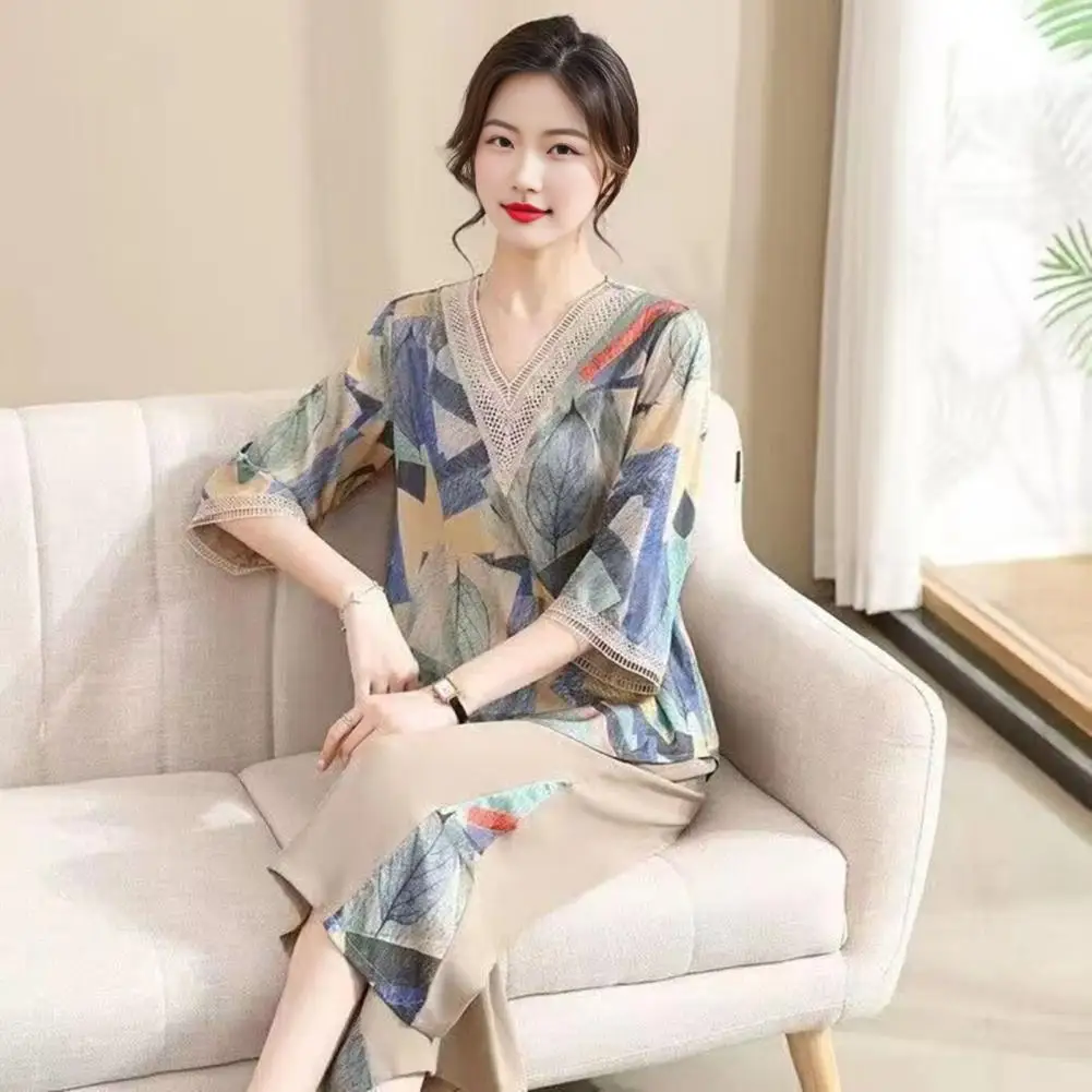 Casual Two-piece Suit Mid-aged Women's Leaf Print T-shirt Trousers Set Stylish V Neck Hollow Out Top with Wide Leg for Daily