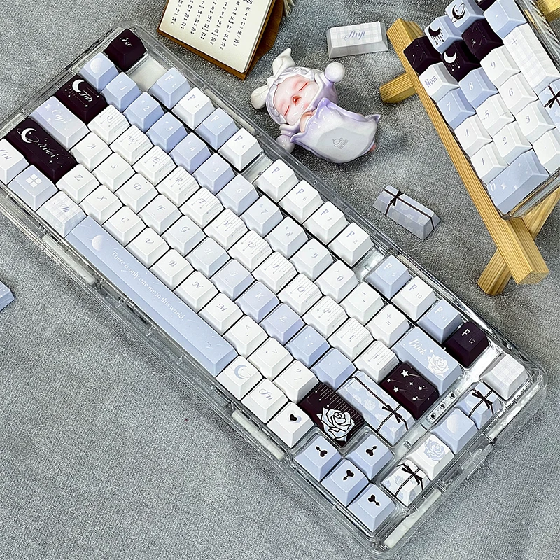 Romance & Poetry Keycap Cherry Profile PBT Thermal Sublimation Keycaps Romantic Style Light Blue White Mechanical Keyboard Caps