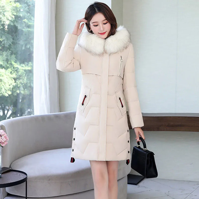 White Duck Down  Women's Temperament Mid-length Fox Fur Collar Slim Hooded Fashion Western Style Loose Stitching 