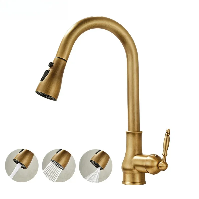 French Light Luxury All-copper Pull-out Kitchen Faucet Household Sink Vegetable Basin Hot and Cold Splash-proof Faucet