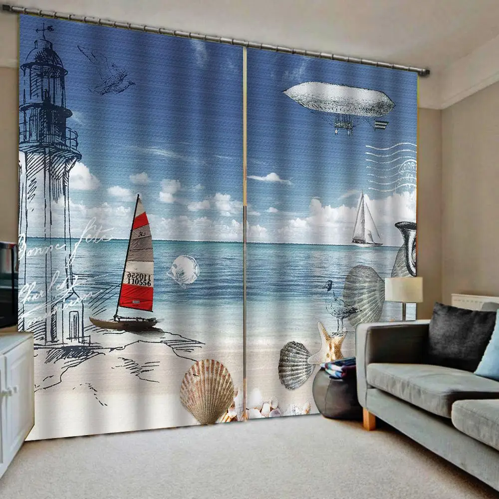 photo Blackout Window Drapes Luxury 3D Curtains For Living room blue sea sky curtains