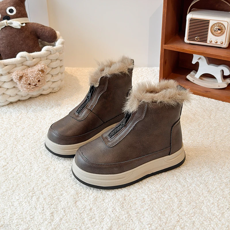 

Children Casual Boots Front Zipper Kids Cotton Boots Warm Plush Soft 2026 New Fashion Boys Girls Short Boots Round Toes Trendy
