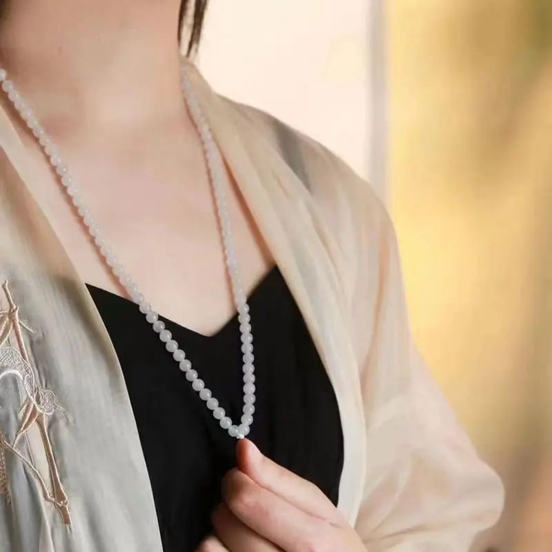 Natural Hetian Qinghai Material Sheep Fat White Jade 6Mm 108 Beads Dual-Use Multi-Circle Bracelet Women